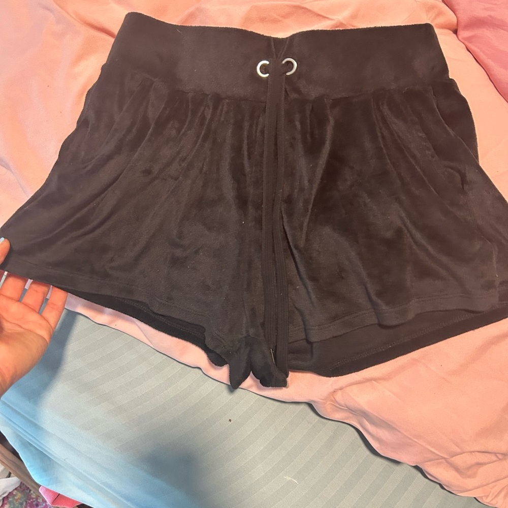 Black Velvet Drawstring Super Soft Sleep Shorts With Pockets